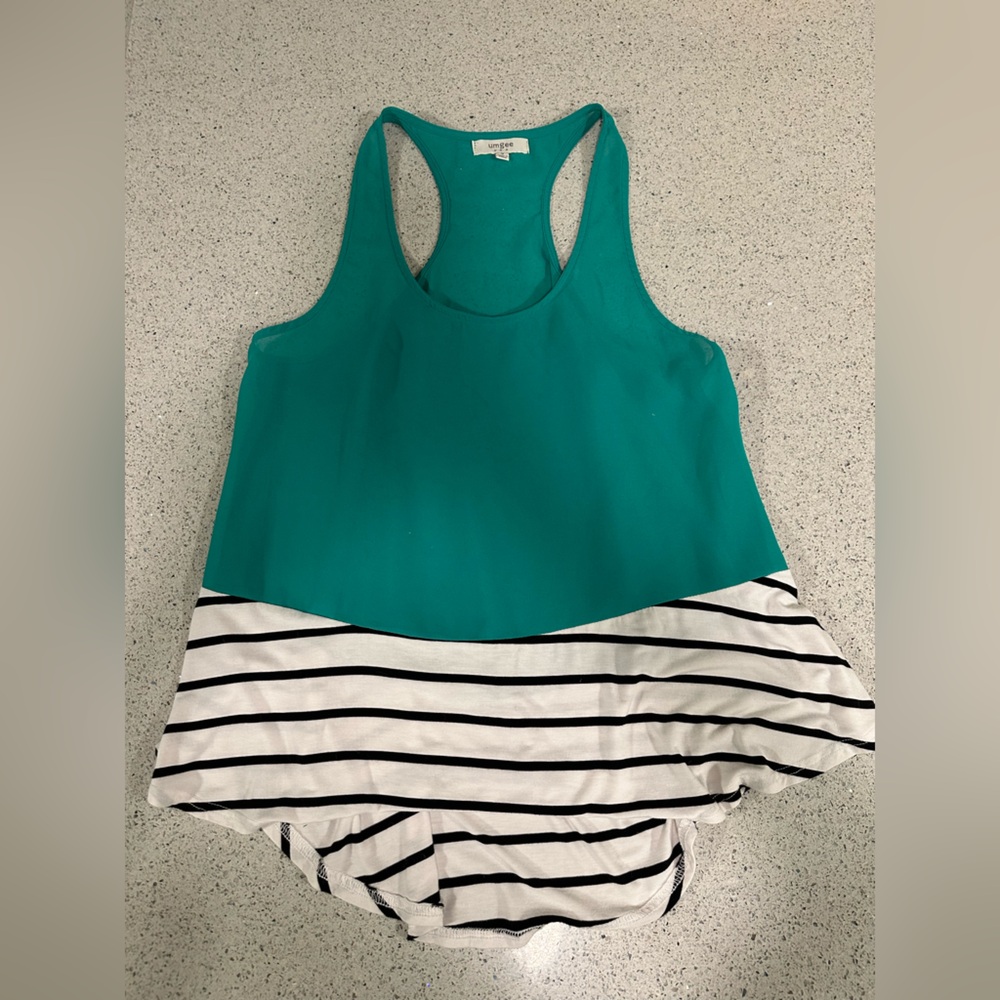 Umgee Teal Green and Striped Women's Sleeveless Top Tunic Boutique Small